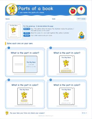 Kindergarten practice worksheets by standard: Parts of a book (RI.K.5)