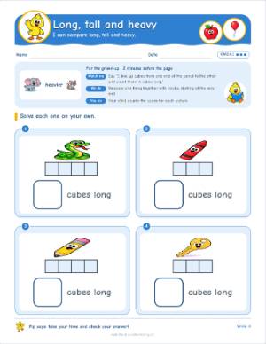 Kindergarten practice worksheets by standard: Long, tall and heavy (K.MD.A.1)