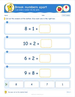 Cut and paste worksheets for kindergarten: Break numbers apart (K.OA.A.3)