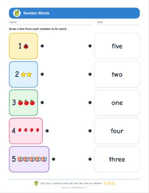 Number words worksheets: Draw a line from the number to its word