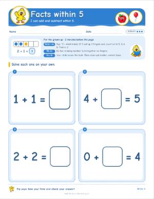Kindergarten practice worksheets by standard: Facts within 5 (K.OA.A.5)