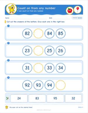 Cut and paste worksheets for kindergarten: Count on from any number (K.CC.A.2)