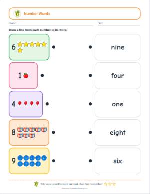 Number Words 1-10 Worksheets for Kindergarten: a free printable worksheet page