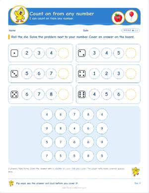 Roll and cover games for kindergarten: Count on from any number (K.CC.A.2)