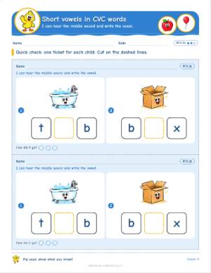 Kindergarten exit tickets: Short vowels, CVC words (RF.K.3b)