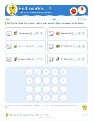 Roll and cover games for kindergarten: End marks . ? ! (L.K.2b)