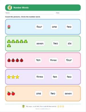 Number words worksheets: Count and circle the word