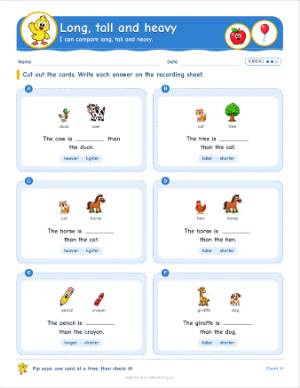 Kindergarten task cards: Long, tall and heavy (K.MD.A.1)