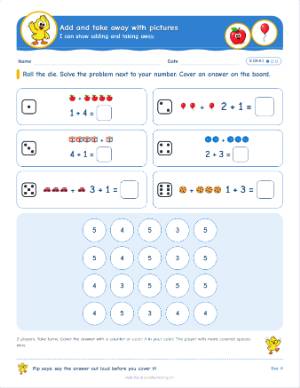 Roll and cover games for kindergarten: Add and take away with pictures (K.OA.A.1)