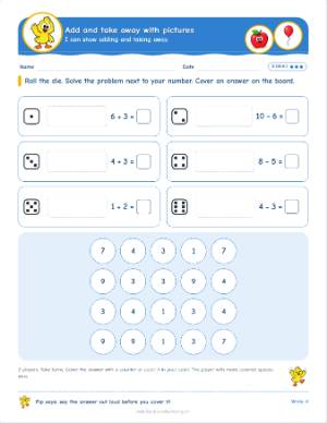 Roll and cover games for kindergarten: Add and take away with pictures (K.OA.A.1)