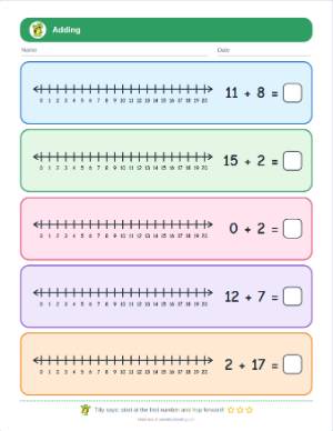 Number Line Addition to 20 Worksheet