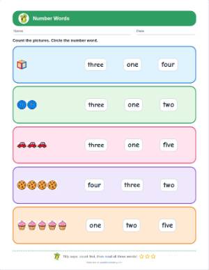 Number words worksheets: Count and circle the word