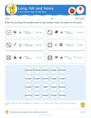 Roll and cover games for kindergarten: Long, tall and heavy (K.MD.A.1)