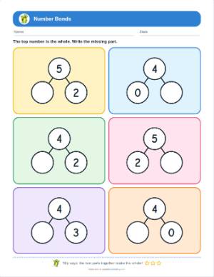 Number bonds worksheet generator: Within 5
