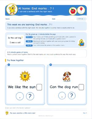 Kindergarten homework: End marks . ? ! (L.K.2b)