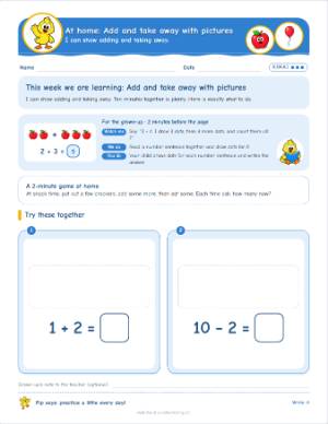 Kindergarten homework: Add and take away with pictures (K.OA.A.1)