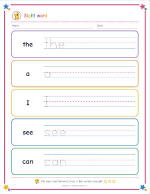 Sight word worksheet generator: Sight Words Set 1 (the, a, I, see ...)