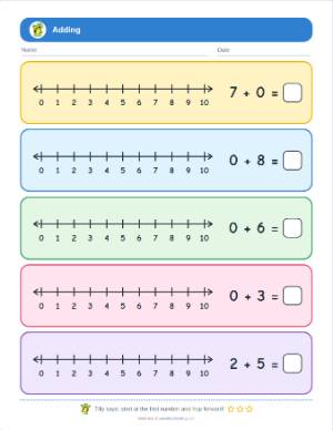 Number Line Addition to 10: a free printable worksheet page